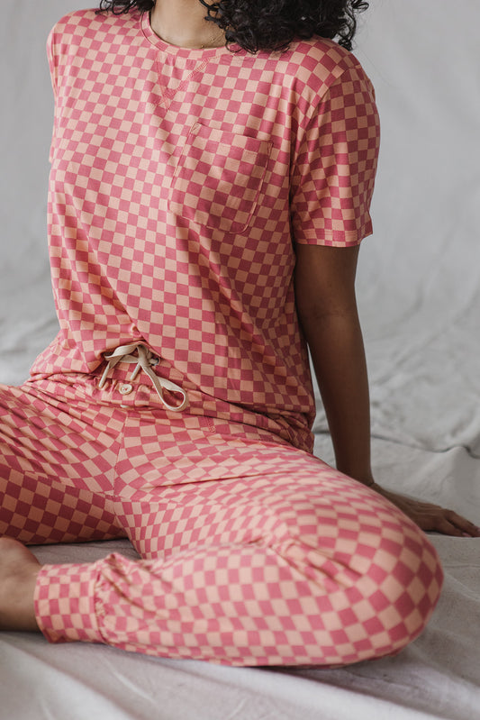 JAM PANTS SET  | Peach/Pink Checkered Short Sleeve