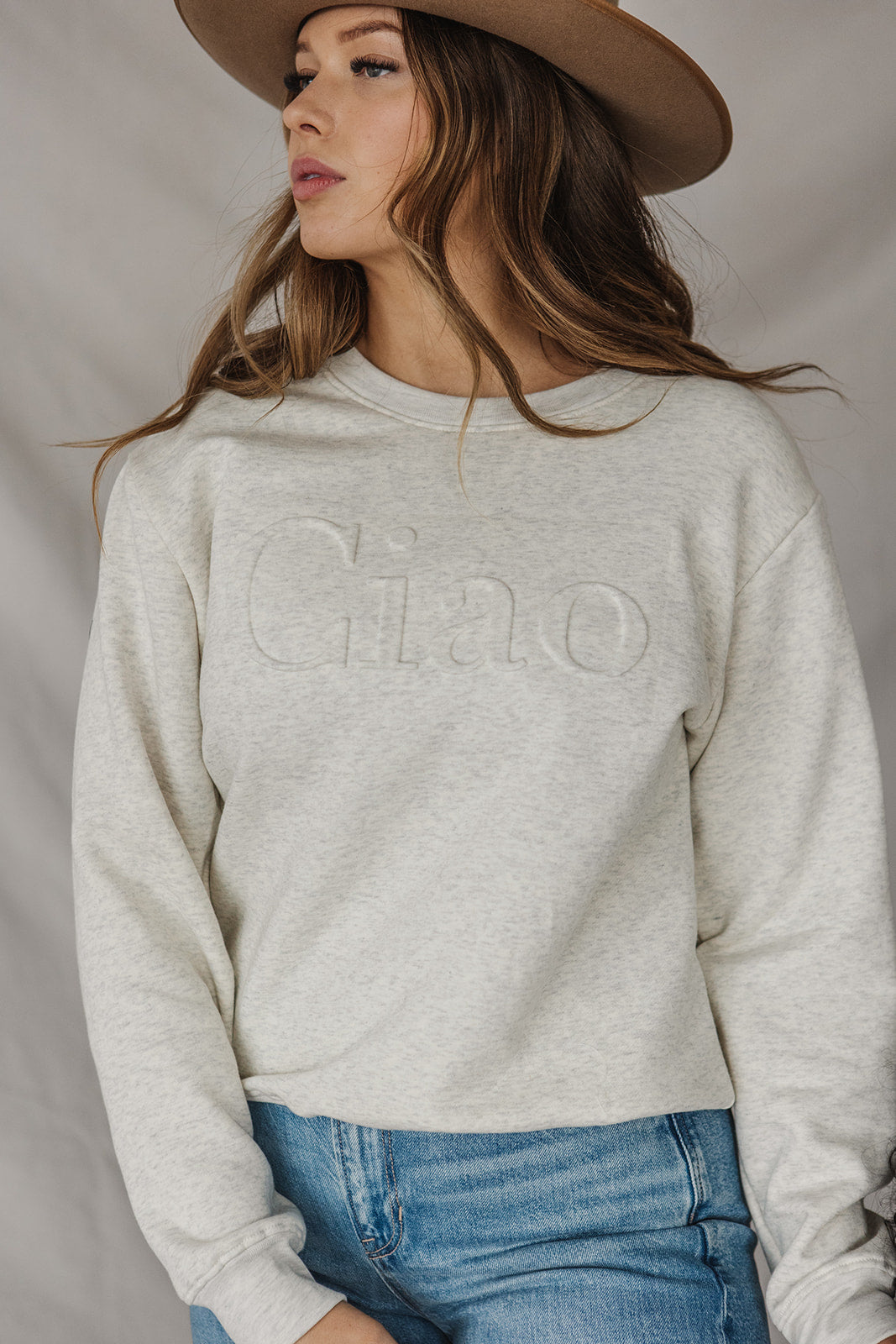 Ciao Embossed Sweatshirt|Oatmeal Heather **FINAL SALE