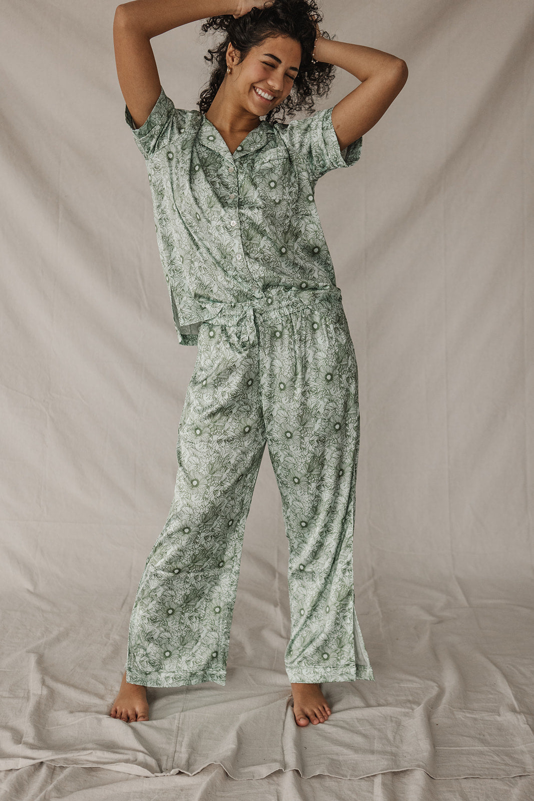 Satin Pajama Set | Mosaic Green Short Sleeve FINAL SALE