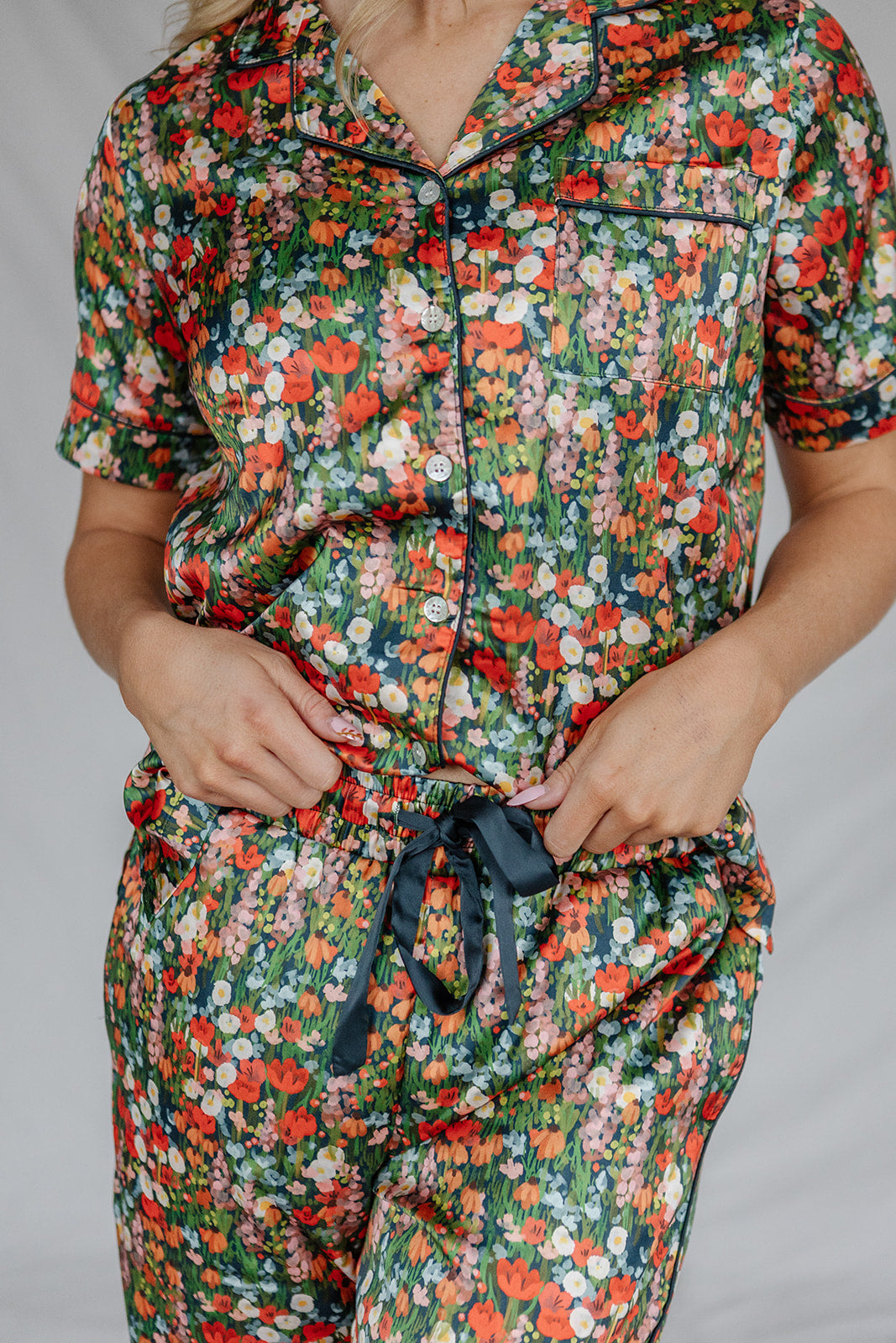 Satin Pajama Set | Holiday Floral Short Sleeve