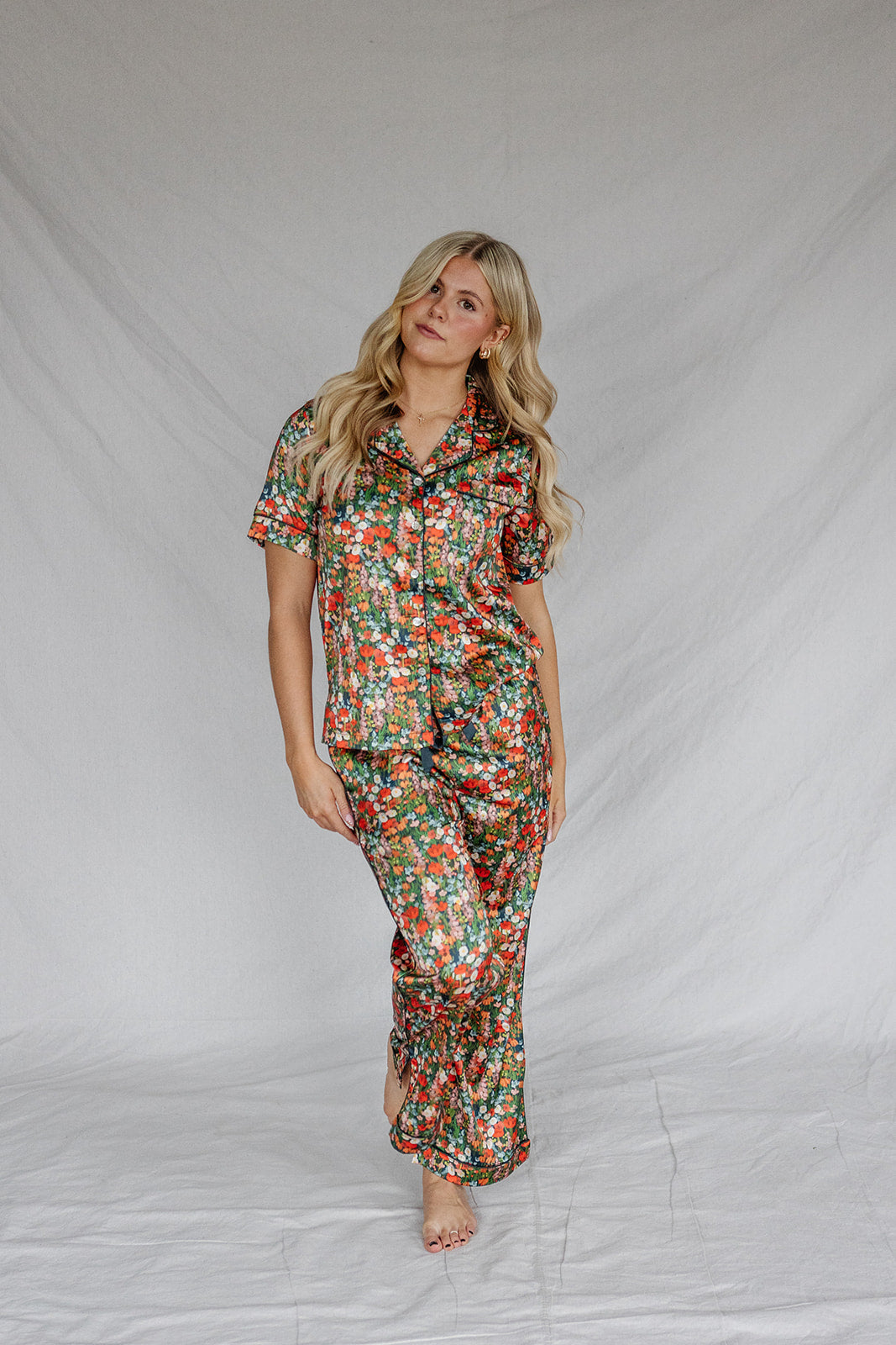 Satin Pajama Set | Holiday Floral Short Sleeve