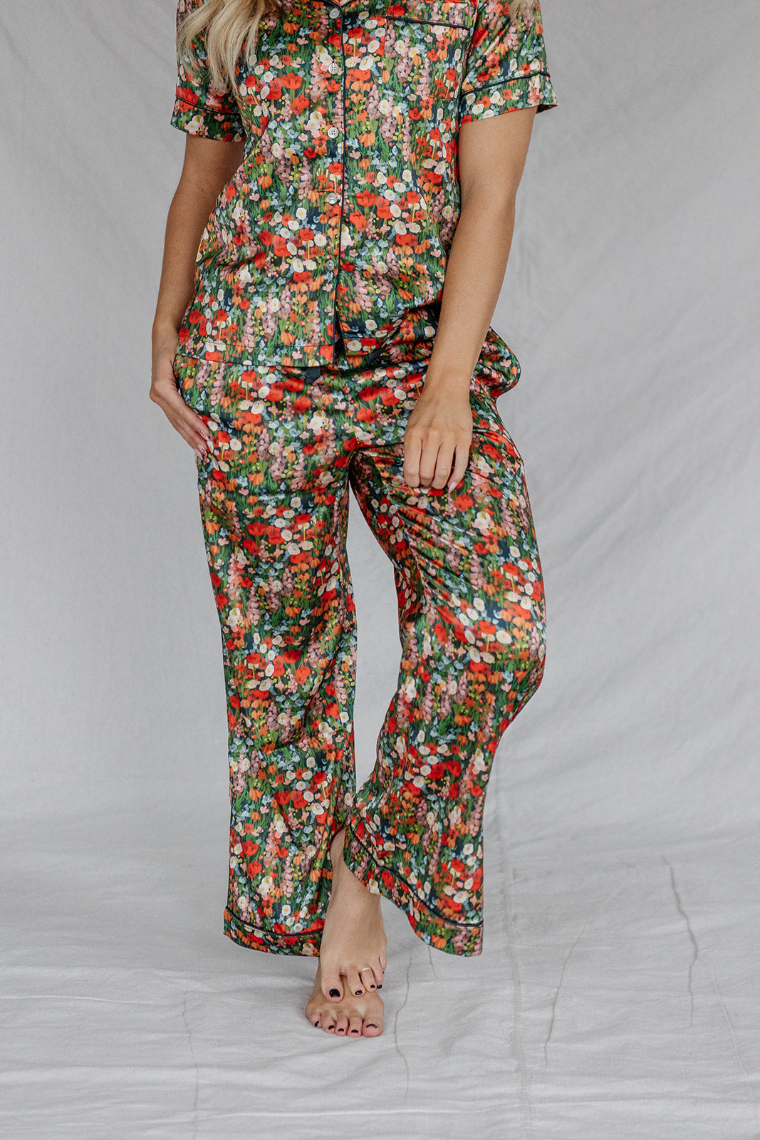 Satin Pajama Set | Holiday Floral Short Sleeve