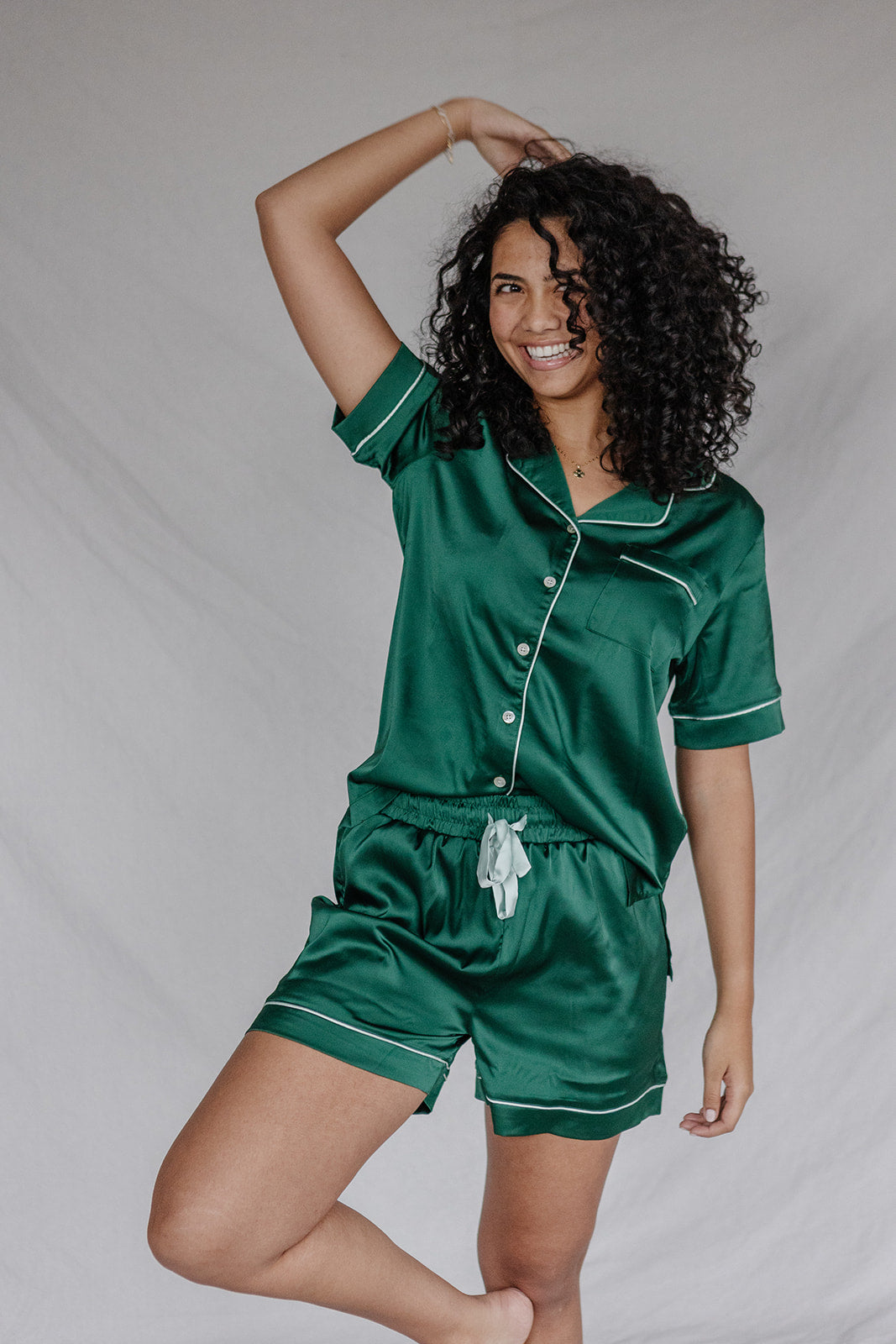 Satin Pajama Shorts Set | Simon Green Short Sleeve