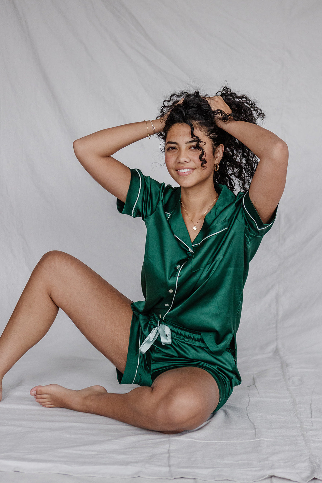 Satin Pajama Shorts Set | Simon Green Short Sleeve