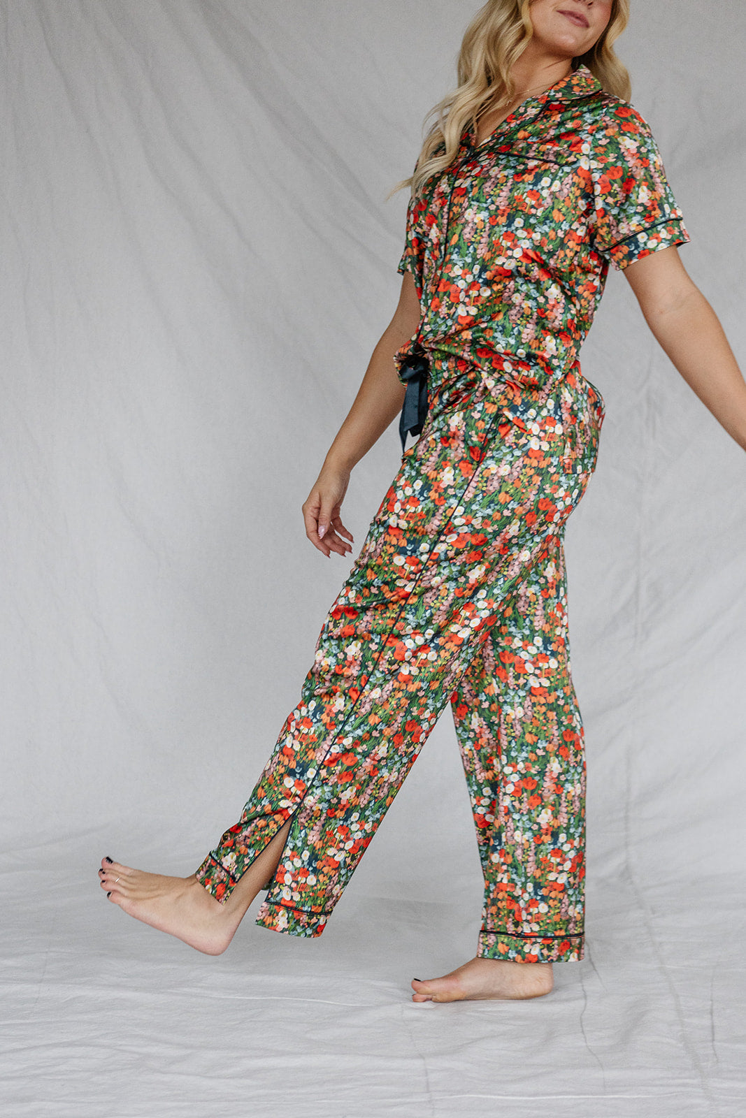 Satin Pajama Set | Holiday Floral Short Sleeve