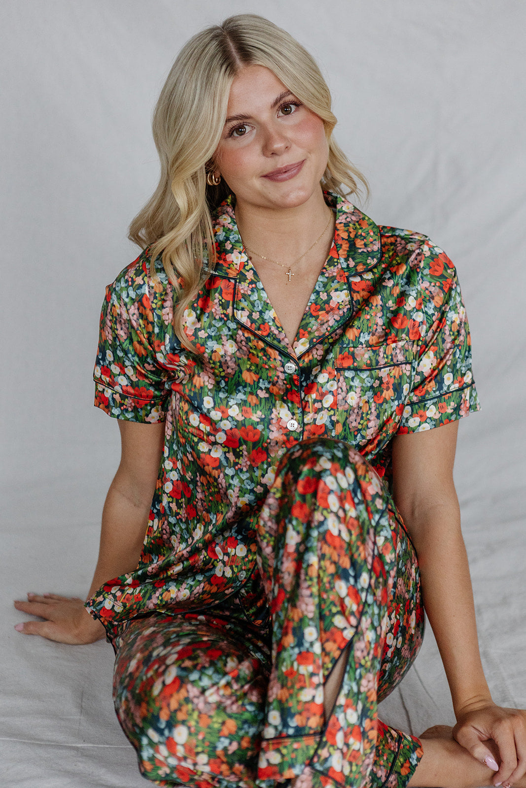 Satin Pajama Set | Holiday Floral Short Sleeve