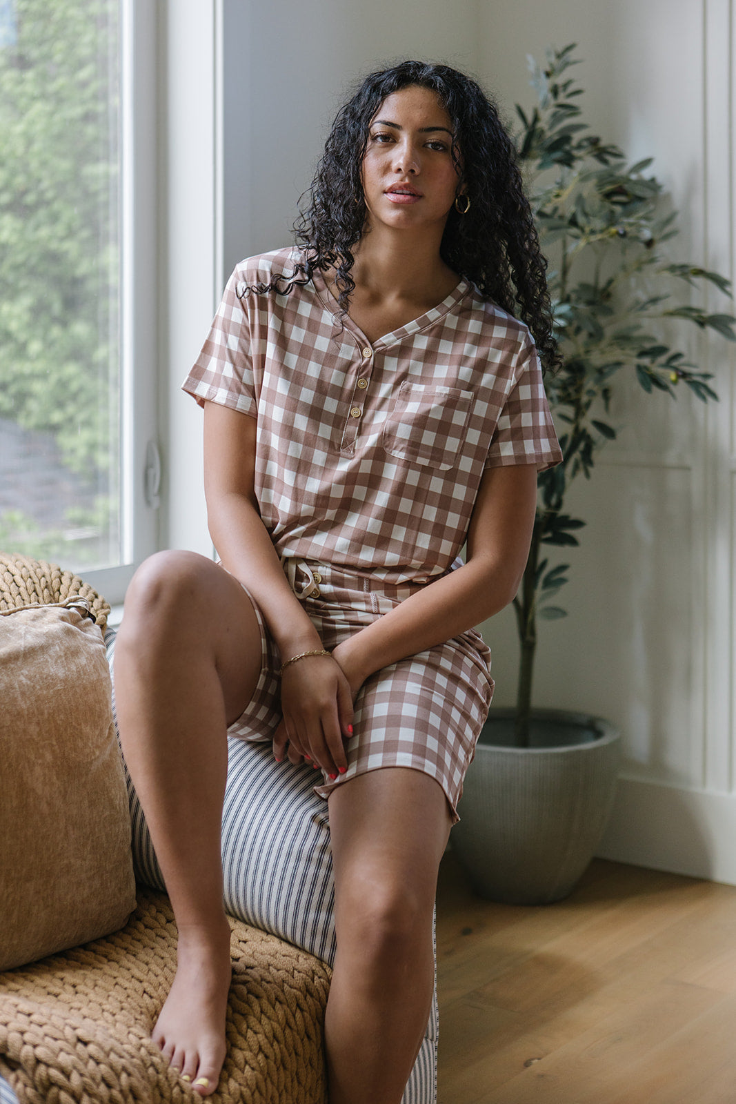 JAM SHORTS HENLEY SET | Tan Checkered