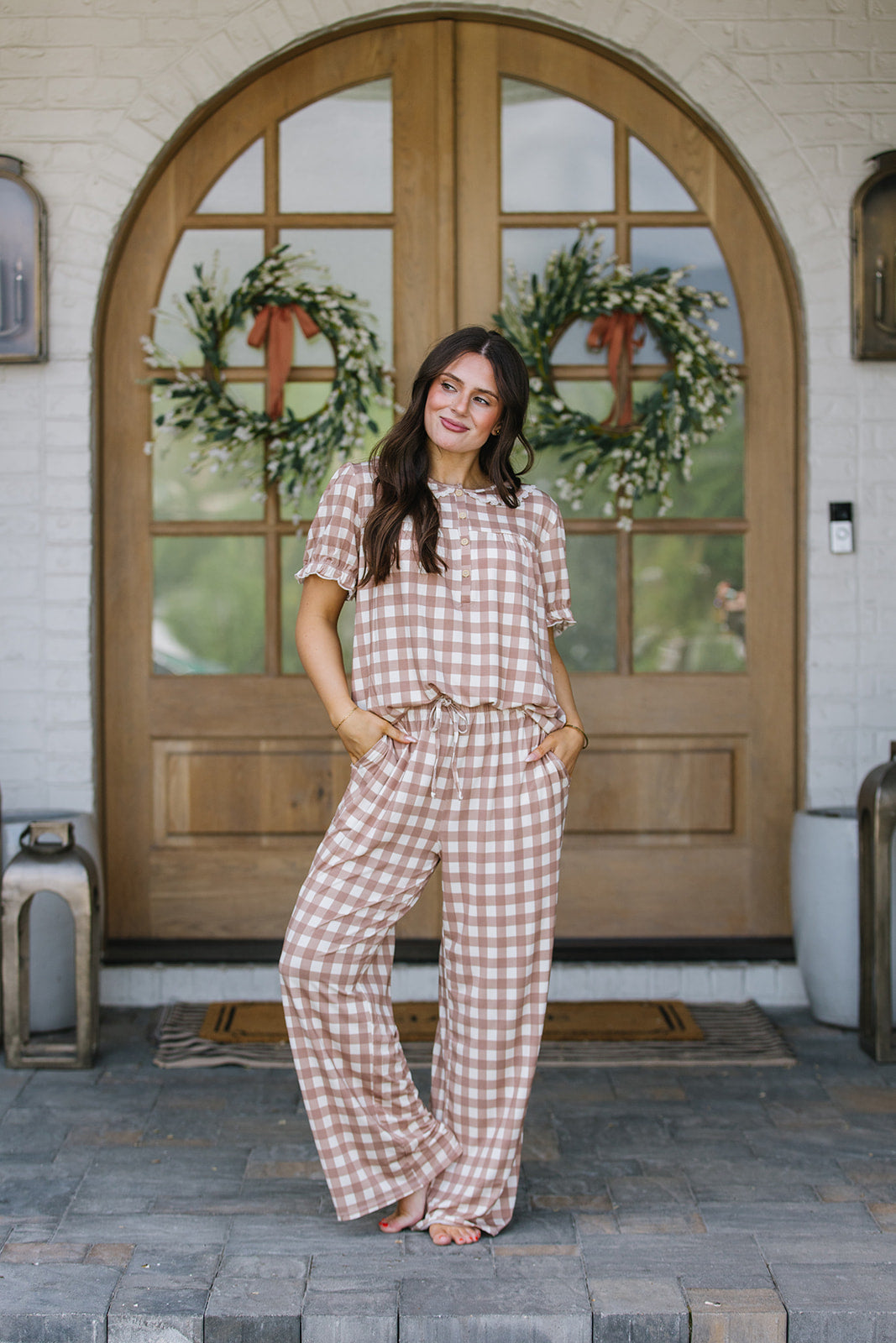 ROUNDED LACE COLLAR SET MODAL - Tan Checkered