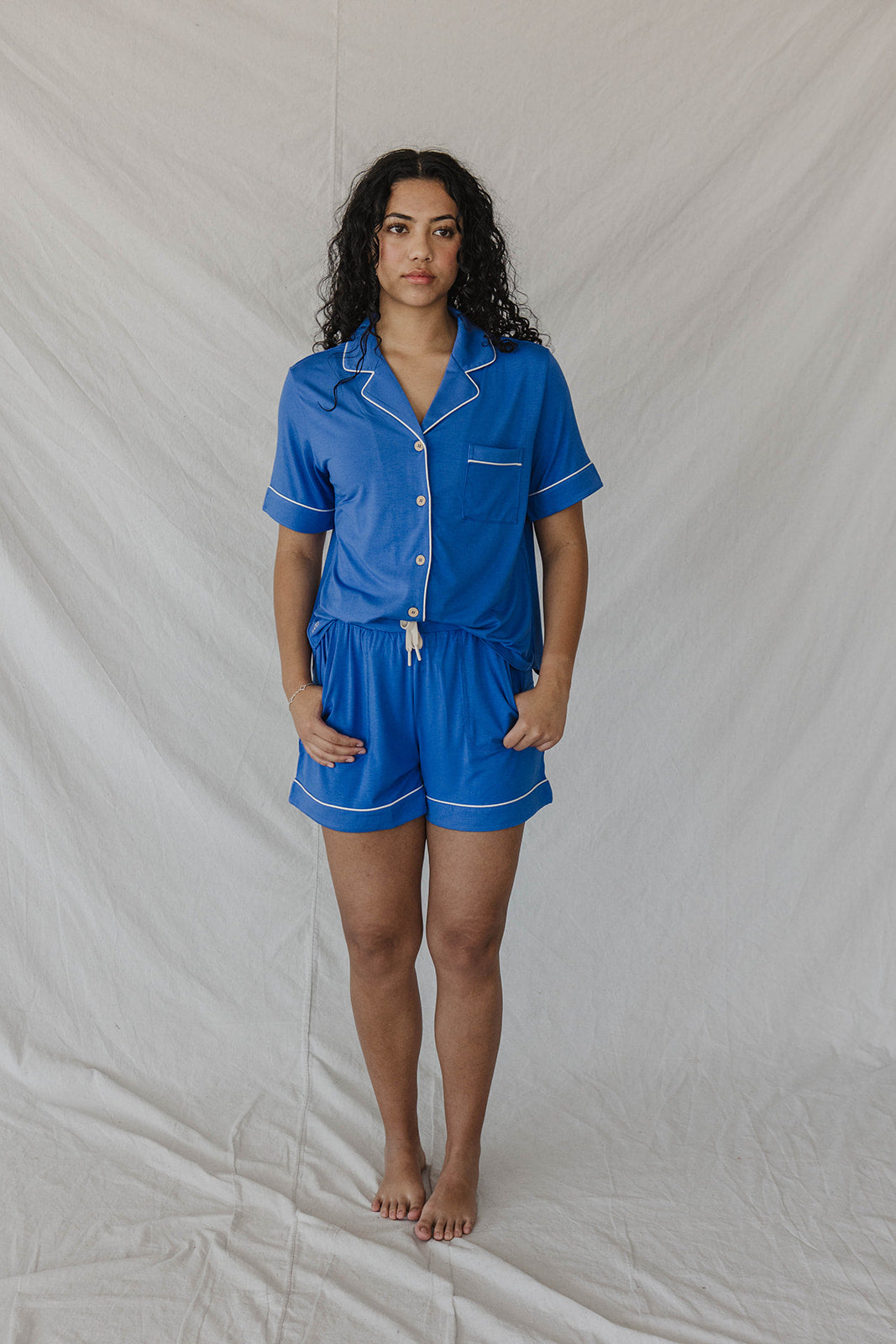 PIPED BUTTON UP SHORTS SET MODAL| Cobalt Blue