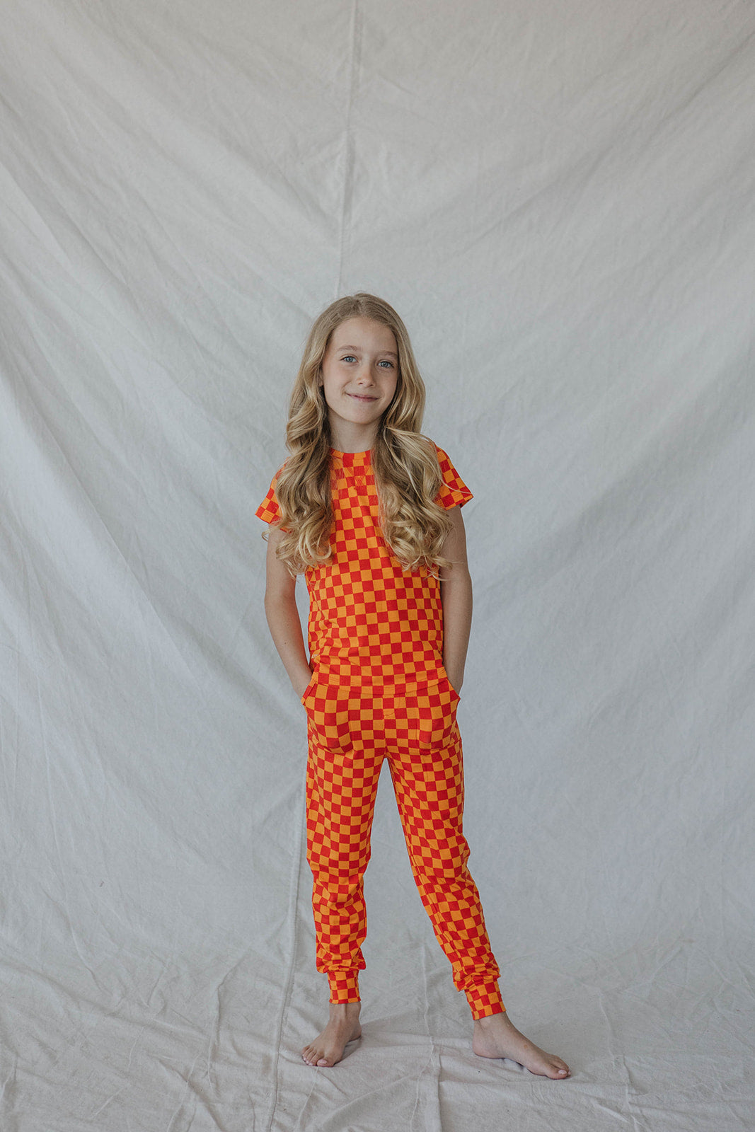 LITTLE LATES MODAL LOUNGE SET-Orange Checkered