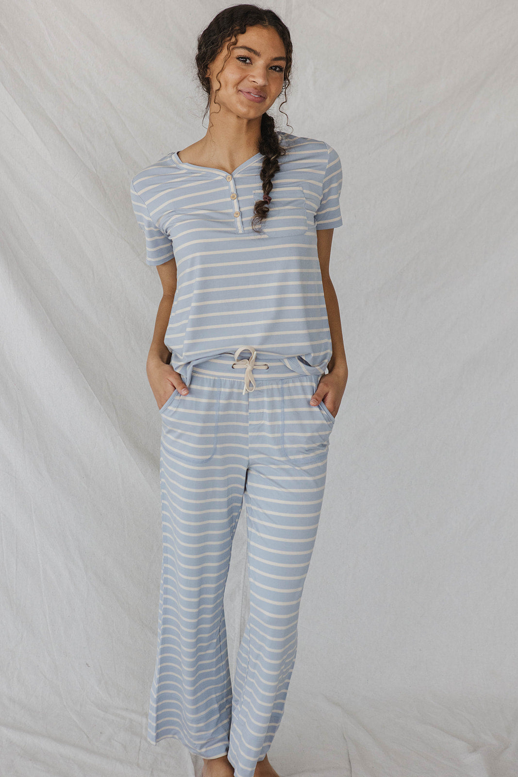 HENLEY STRAIGHT LEG PANTS SET MODAL - Light Blue Stripe