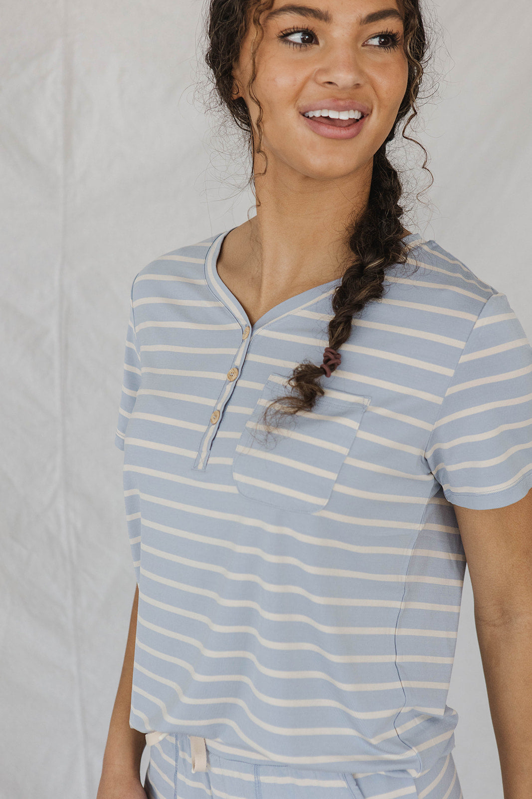 HENLEY STRAIGHT LEG PANTS SET MODAL - Light Blue Stripe