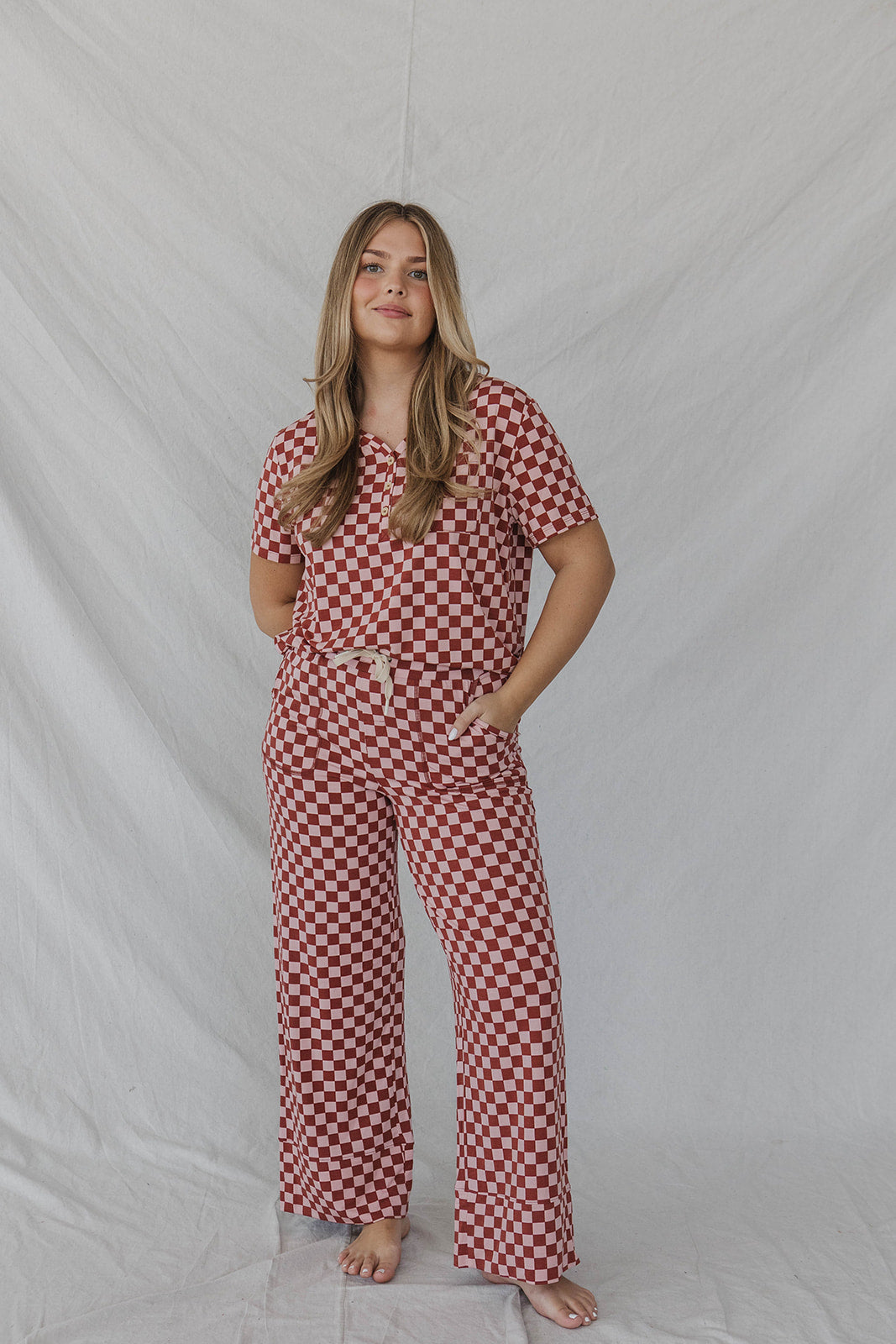 HENLEY STRAIGHT LEG PANTS SET MODAL - Pink & Maroon Checkered