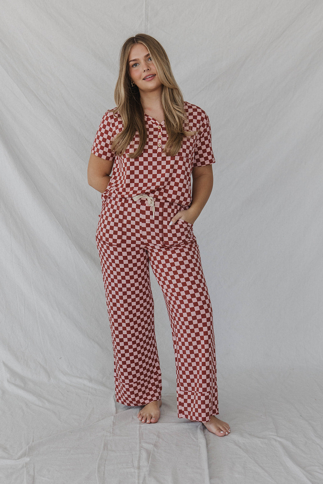 HENLEY STRAIGHT LEG PANTS SET MODAL - Pink & Maroon Checkered