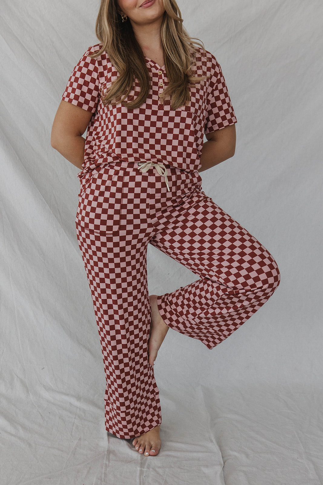 HENLEY STRAIGHT LEG PANTS SET MODAL - Pink & Maroon Checkered