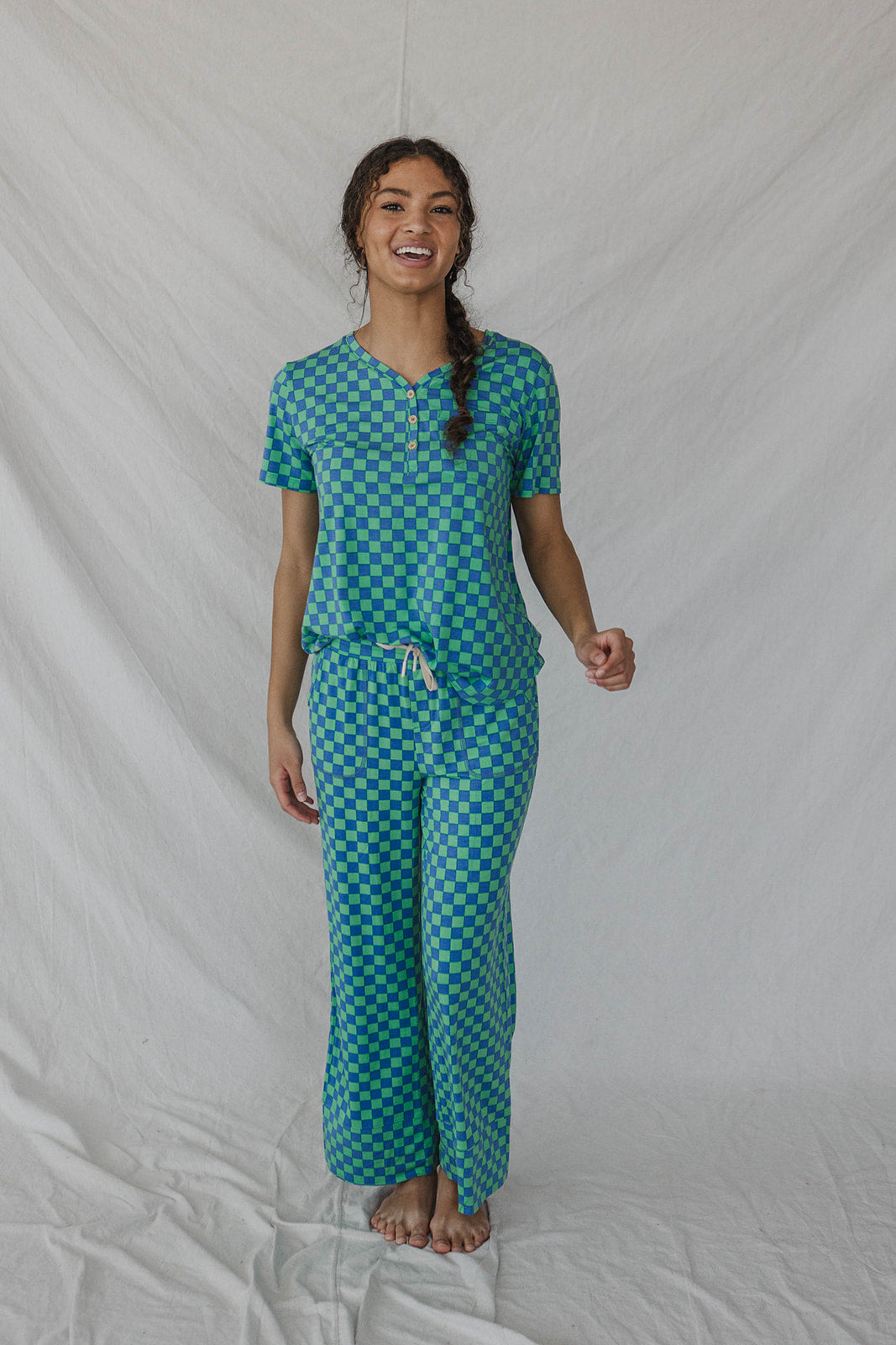 HENLEY STRAIGHT LEG PANTS SET MODAL - Blue & Green Checkered