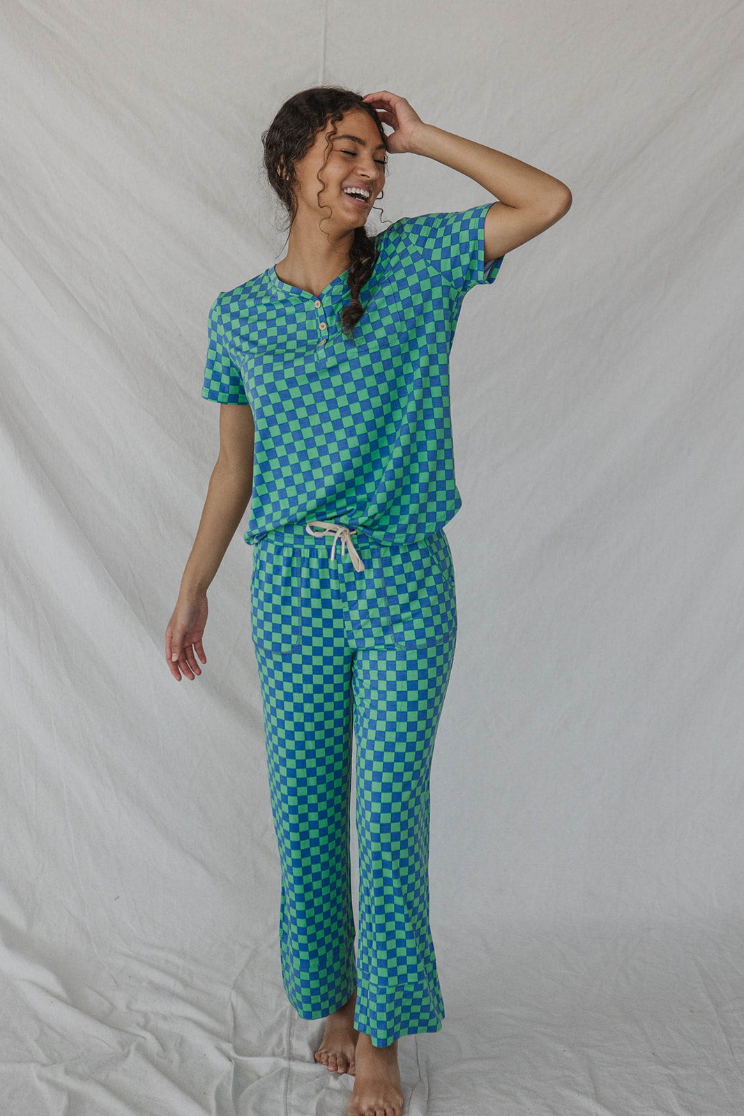 HENLEY STRAIGHT LEG PANTS SET MODAL - Blue & Green Checkered