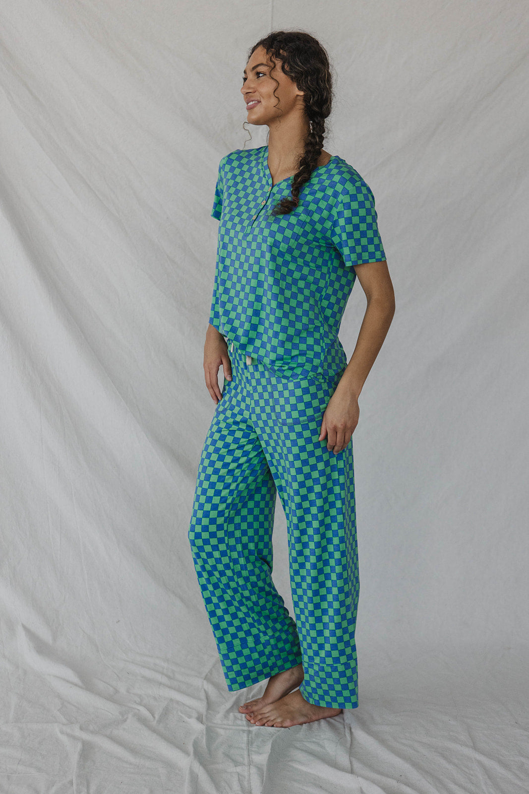 HENLEY STRAIGHT LEG PANTS SET MODAL - Blue & Green Checkered