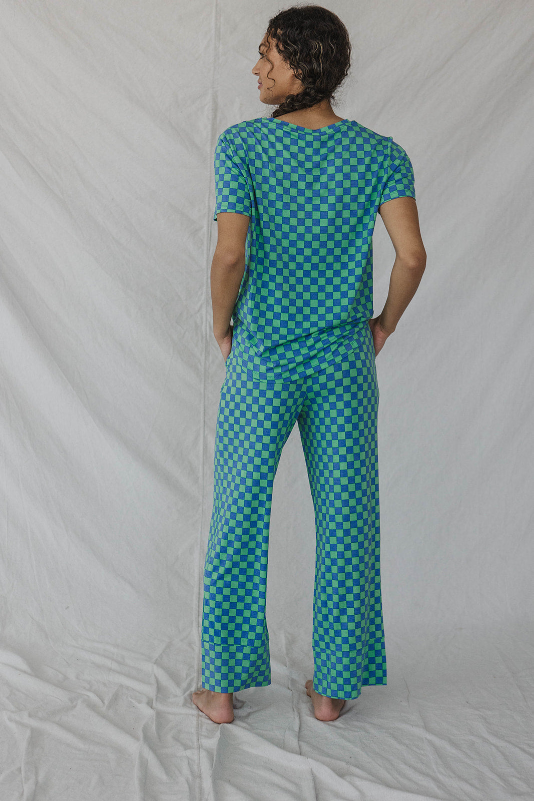 HENLEY STRAIGHT LEG PANTS SET MODAL - Blue & Green Checkered