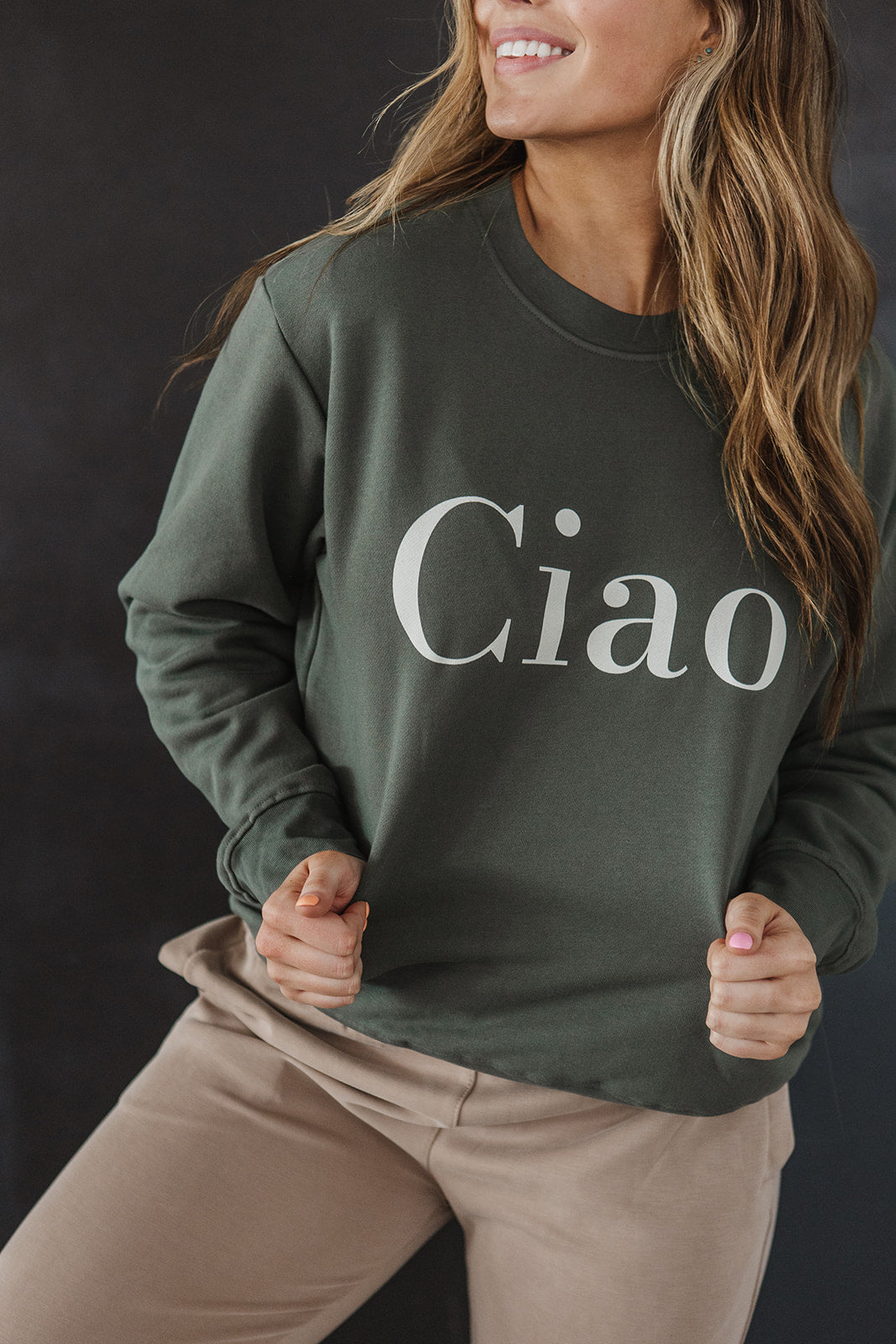 FINAL SALE ** Ciao Sweatshirt- Sage with cream PRINT
