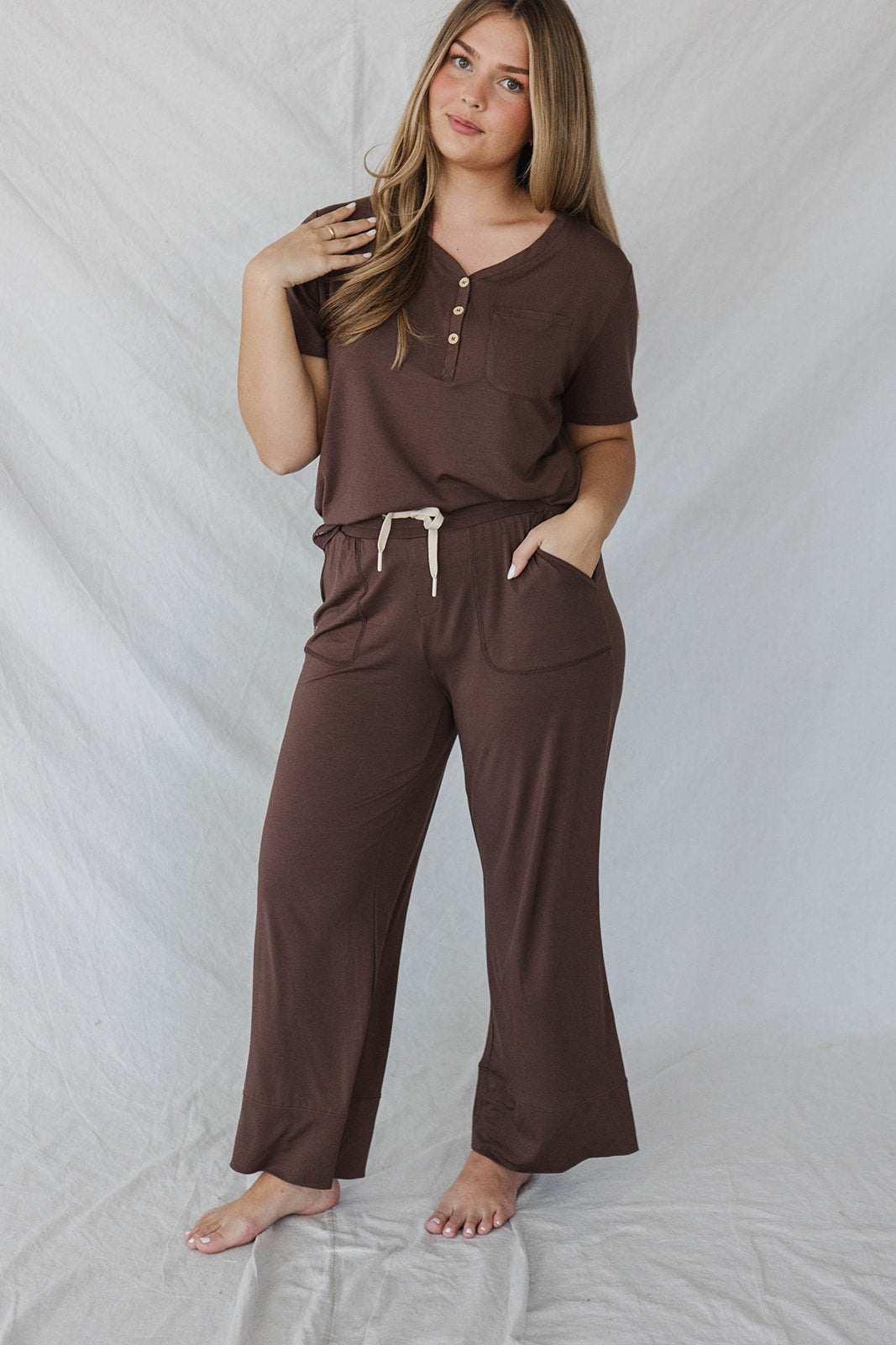 HENLEY STRAIGHT LEG PANTS SET MODAL - Cafe Espresso