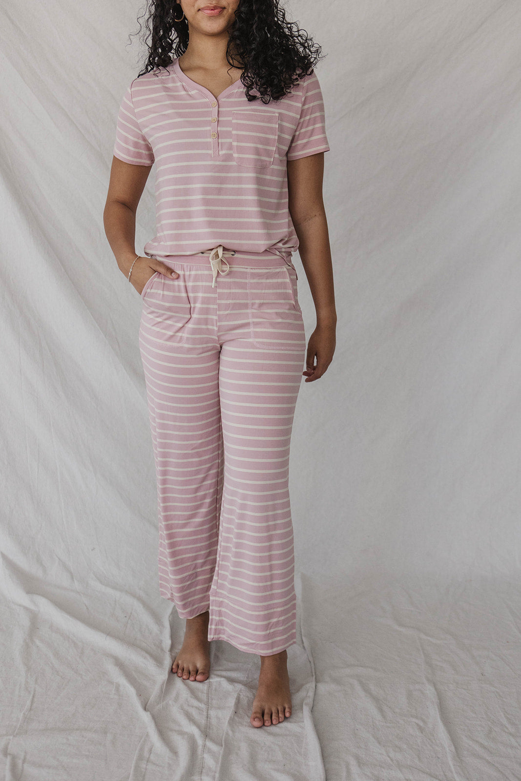 HENLEY STRAIGHT LEG PANTS SET MODAL | Blush Stripe-Final Sale