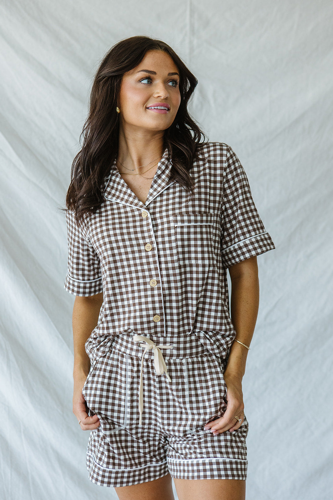 Piped Button-up Shorts Set Modal | Espresso Tiny Gingham