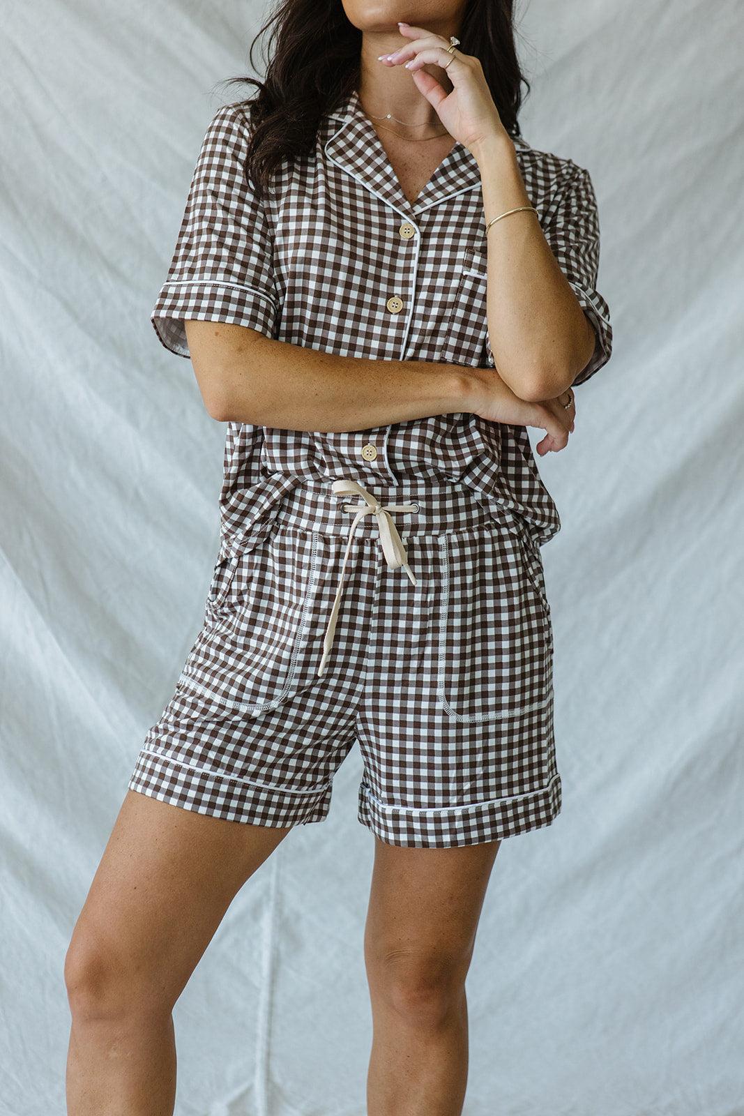 Piped Button-up Shorts Set Modal | Espresso Tiny Gingham