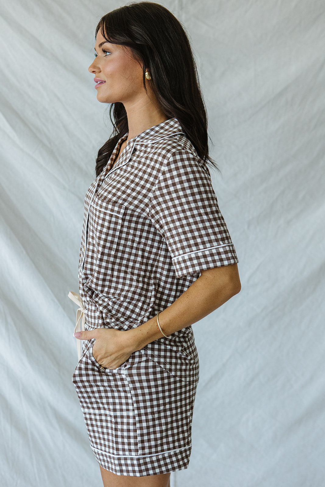Piped Button-up Shorts Set Modal | Espresso Tiny Gingham