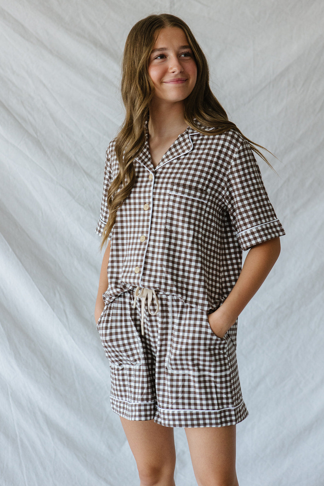 Piped Button-up Shorts Set Modal | Espresso Tiny Gingham