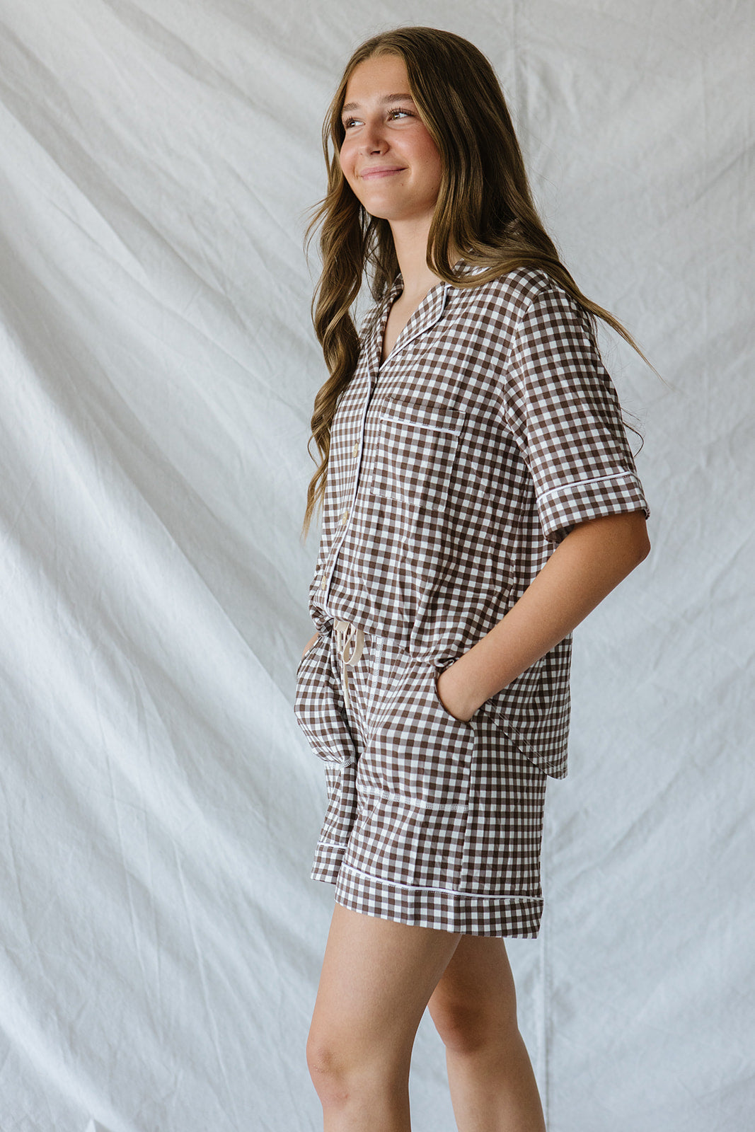 Piped Button-up Shorts Set Modal | Espresso Tiny Gingham