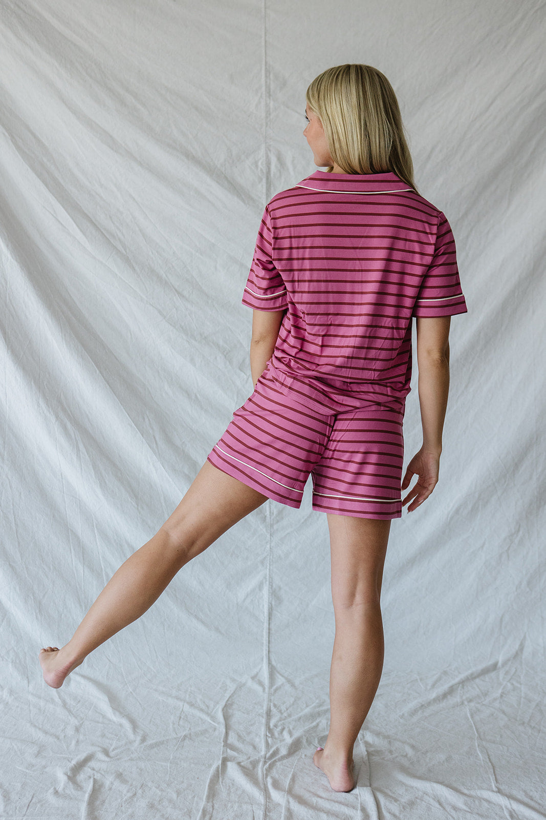 Piped Button-up Shorts Set Modal | Wild Orchid & Auburn Stripe