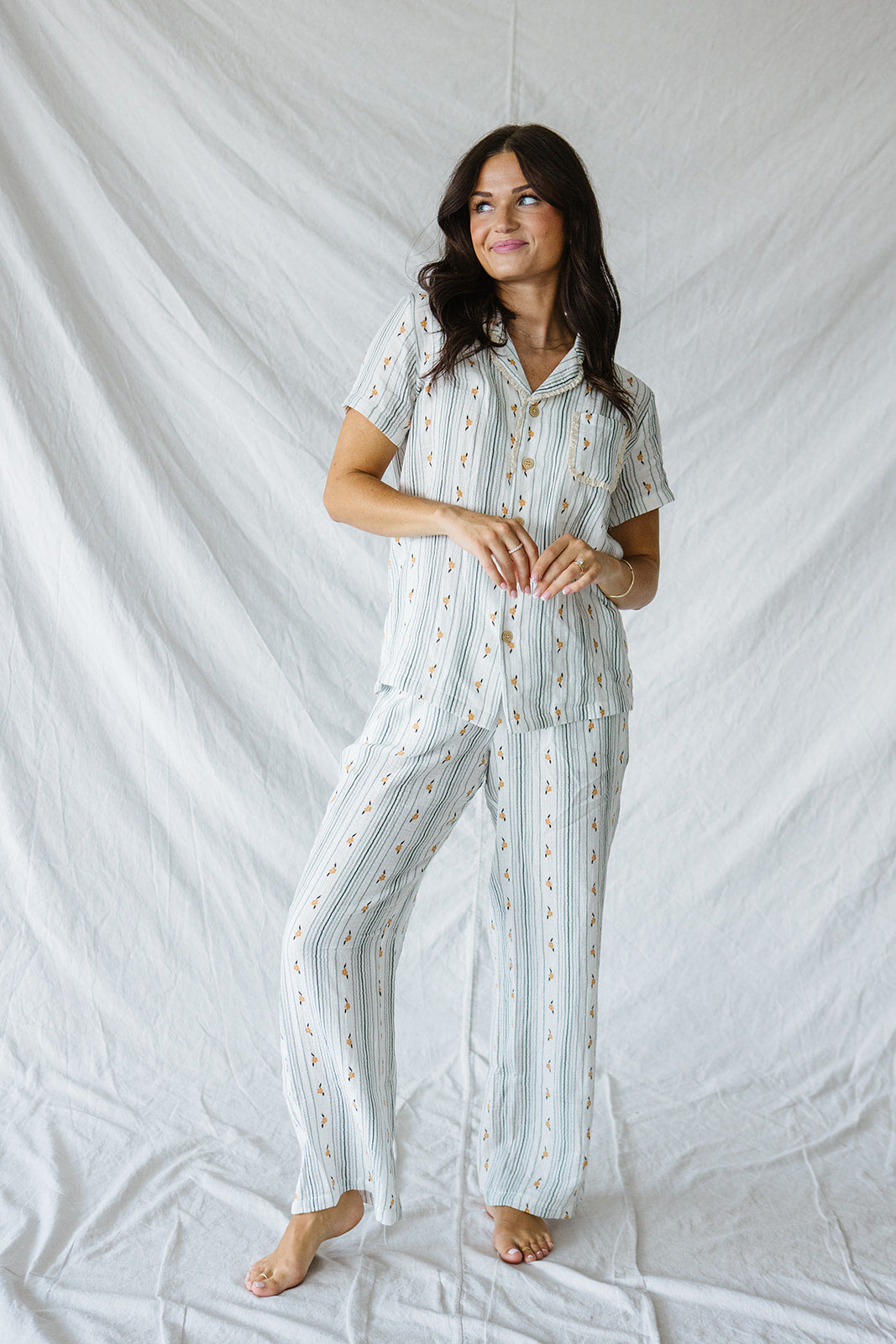 Bamboo Short Sleeve Pant Set |Yellow Floral Blue Stripe