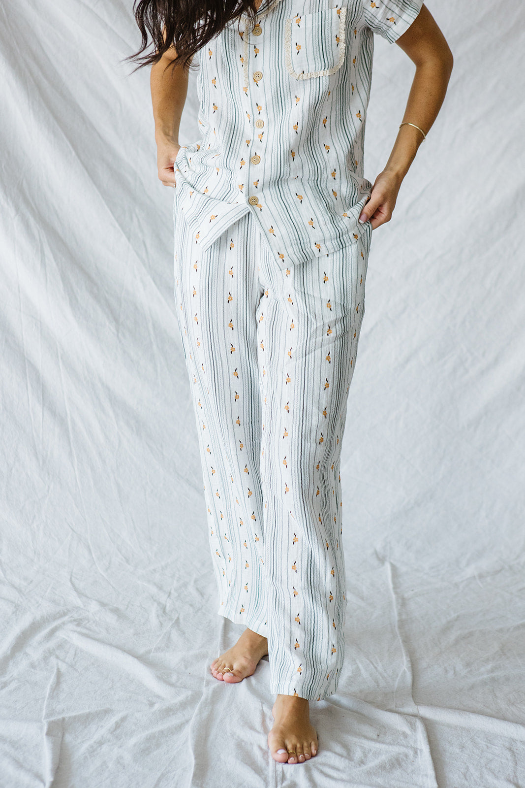 Bamboo Short Sleeve Pant Set |Yellow Floral Blue Stripe