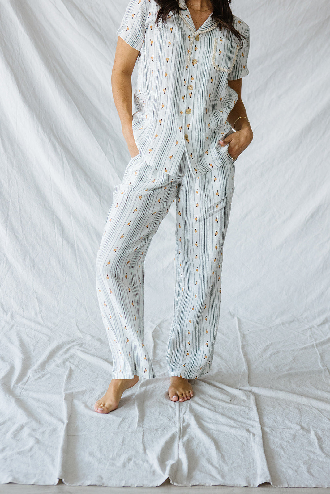 Bamboo Short Sleeve Pant Set |Yellow Floral Blue Stripe