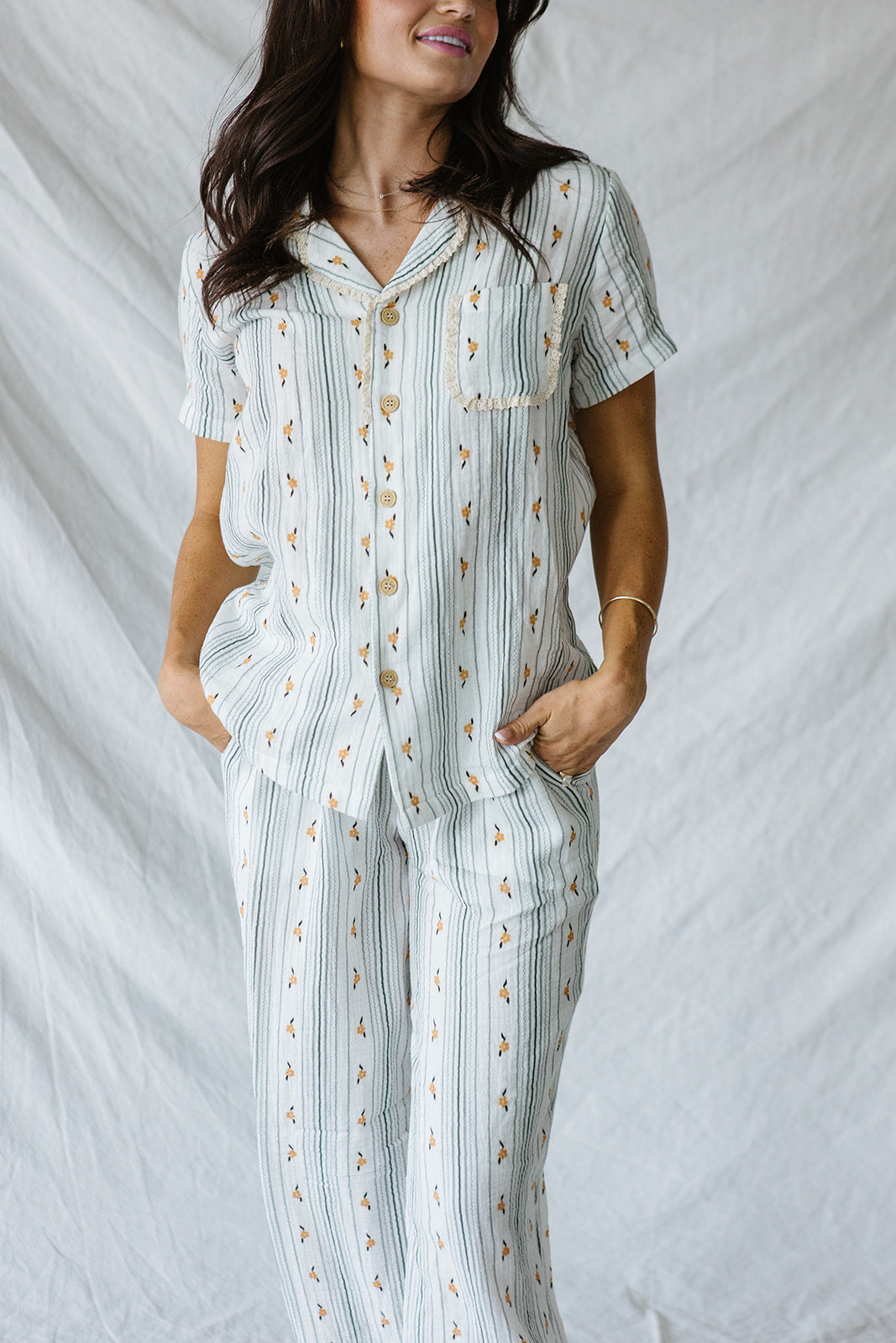 Bamboo Short Sleeve Pant Set |Yellow Floral Blue Stripe