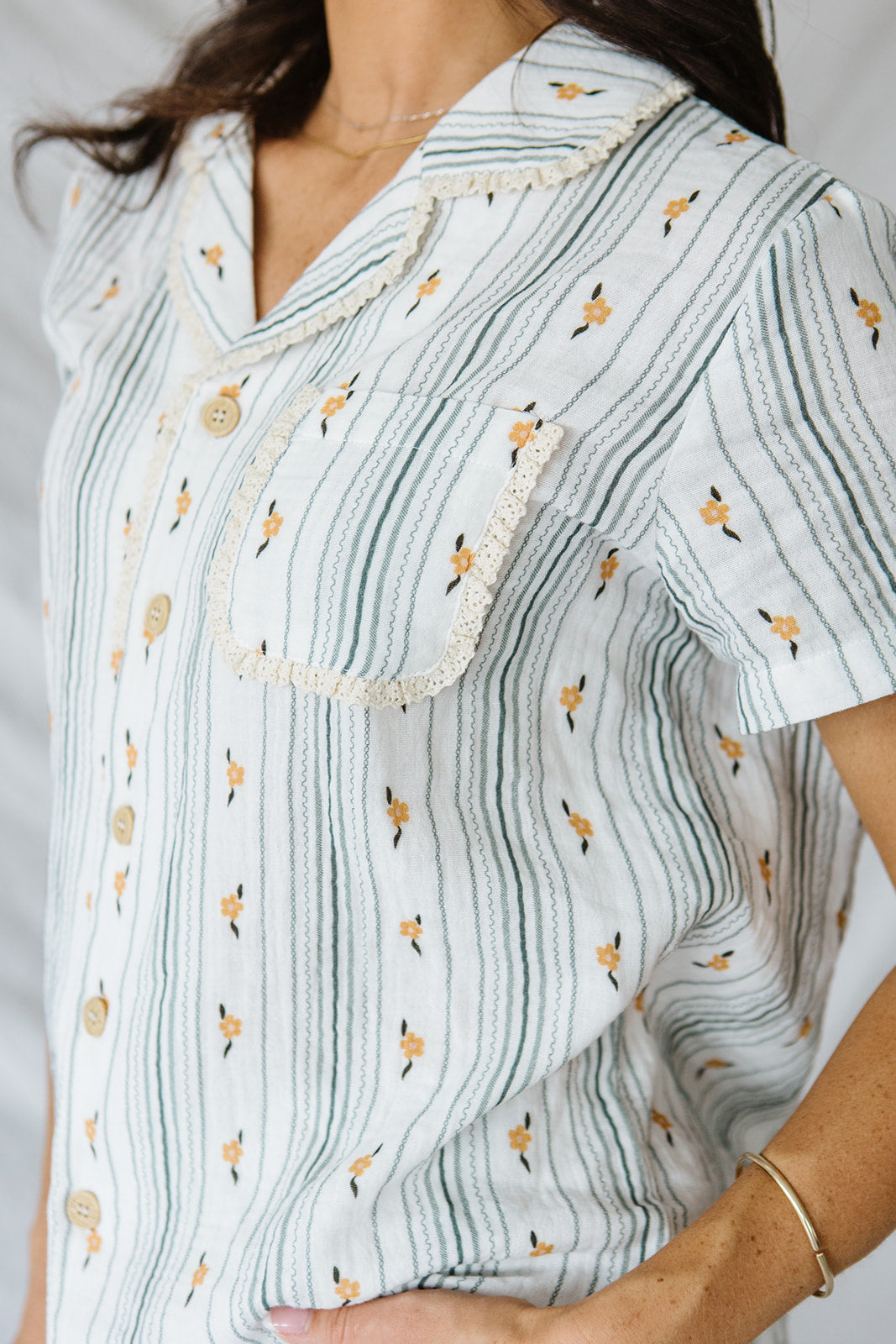 Bamboo Short Sleeve Pant Set |Yellow Floral Blue Stripe