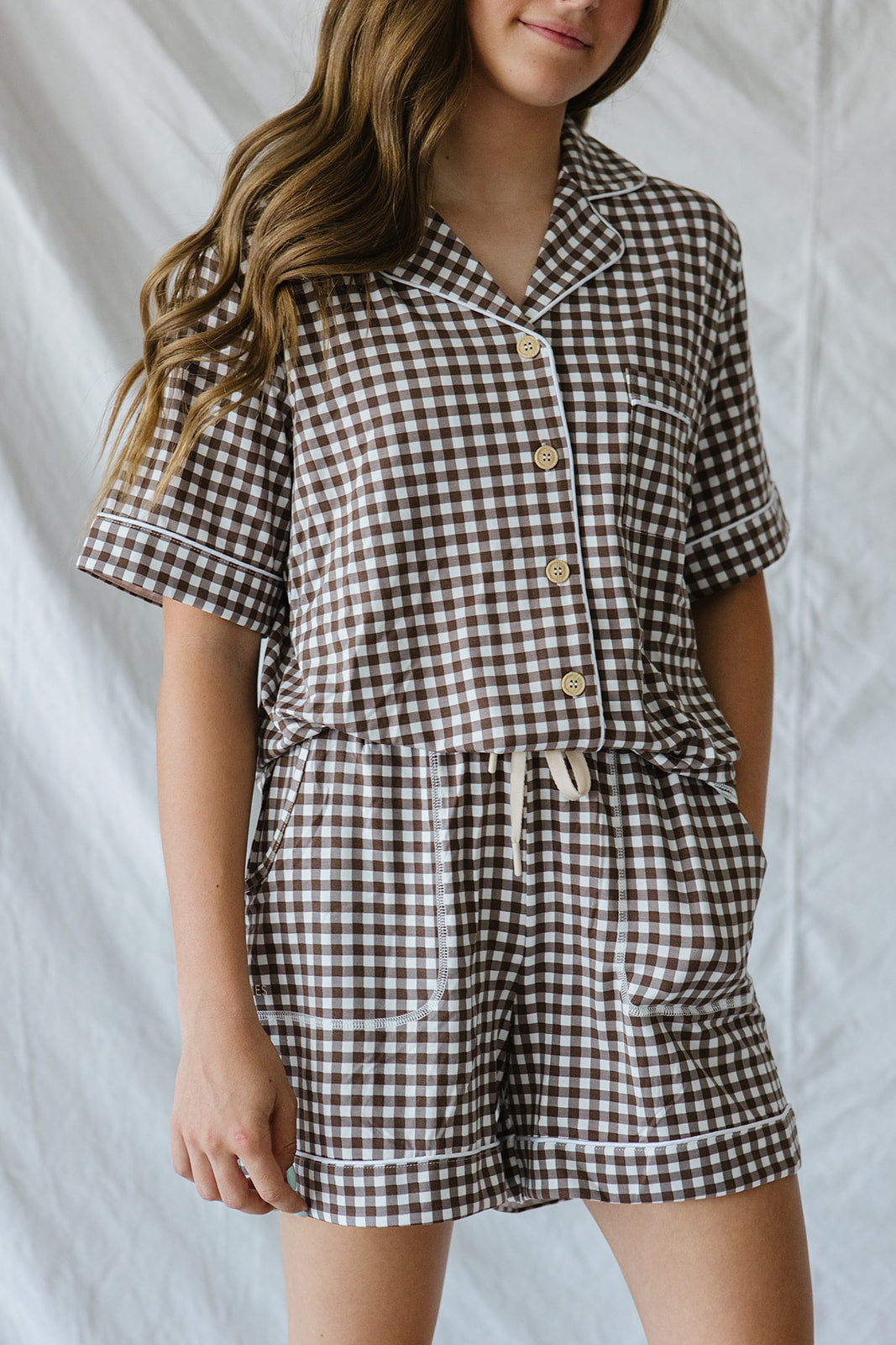 Piped Button-up Shorts Set Modal | Espresso Tiny Gingham