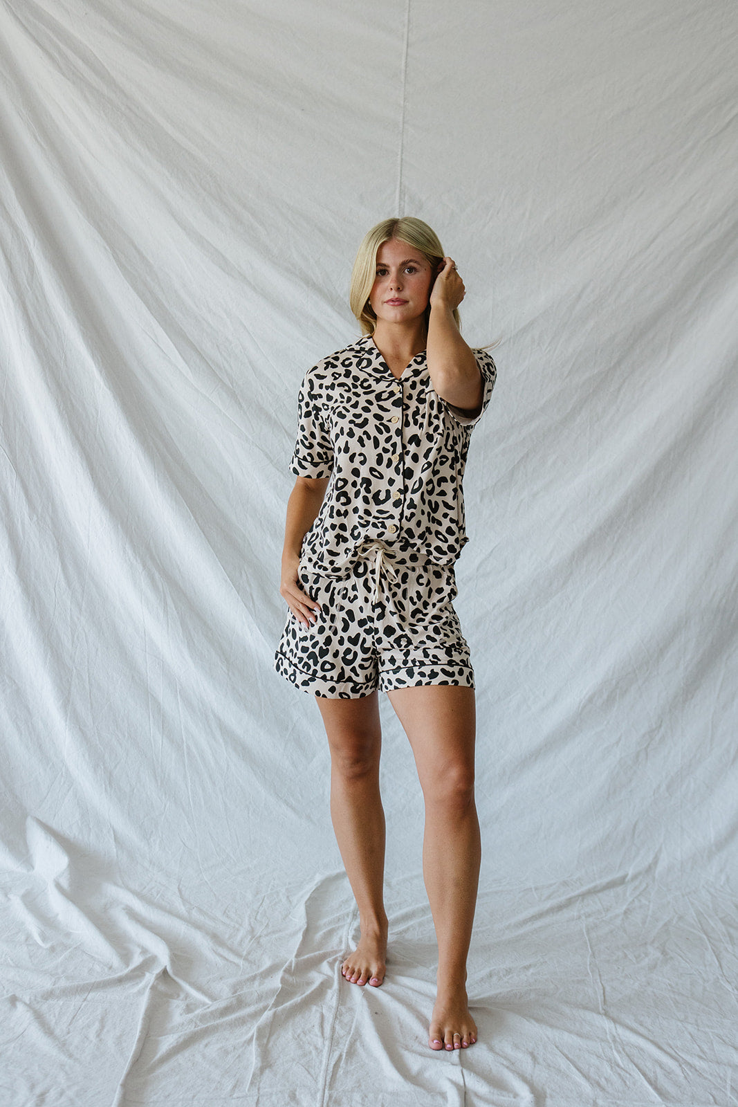 Piped Button-up Shorts Set Modal | Leopard Print