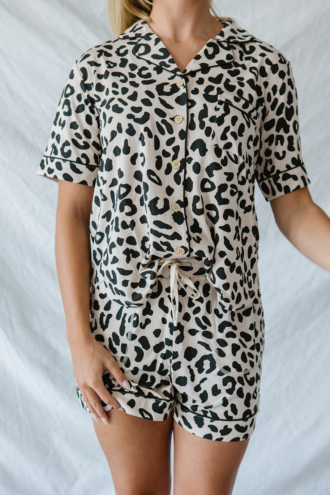 Piped Button-up Shorts Set Modal | Leopard Print