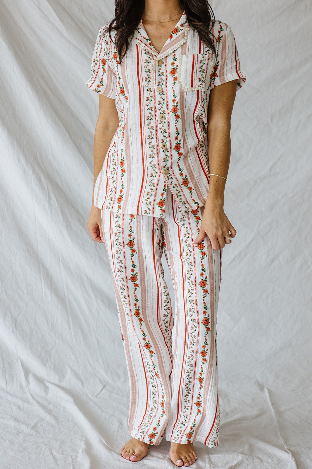 Bamboo Short Sleeve Pant Set |Pink Floral Stripe