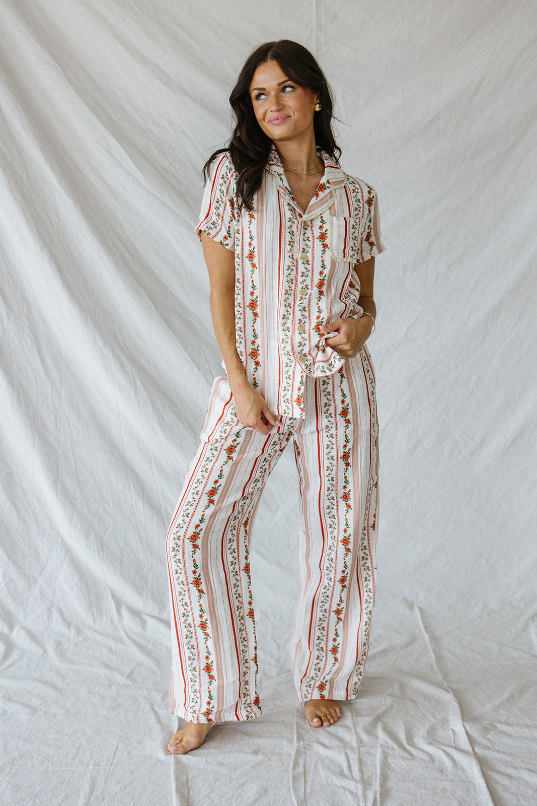 Bamboo Short Sleeve Pant Set |Pink Floral Stripe