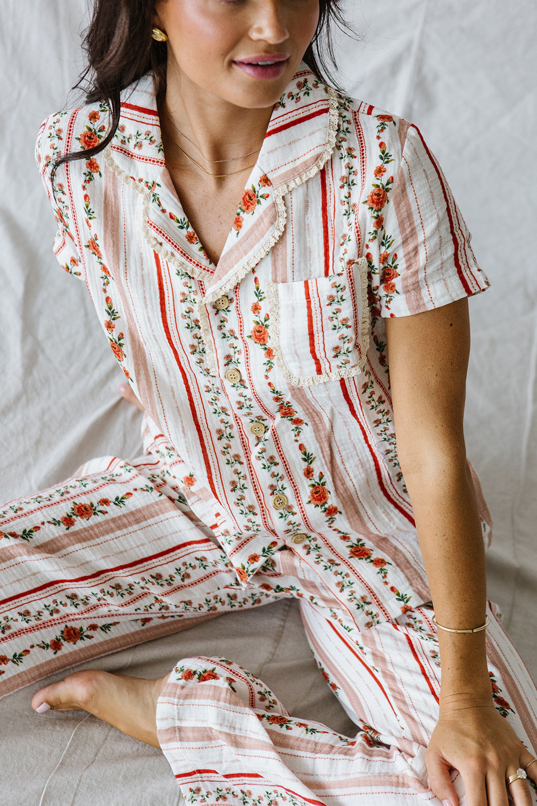 Bamboo Short Sleeve Pant Set |Pink Floral Stripe