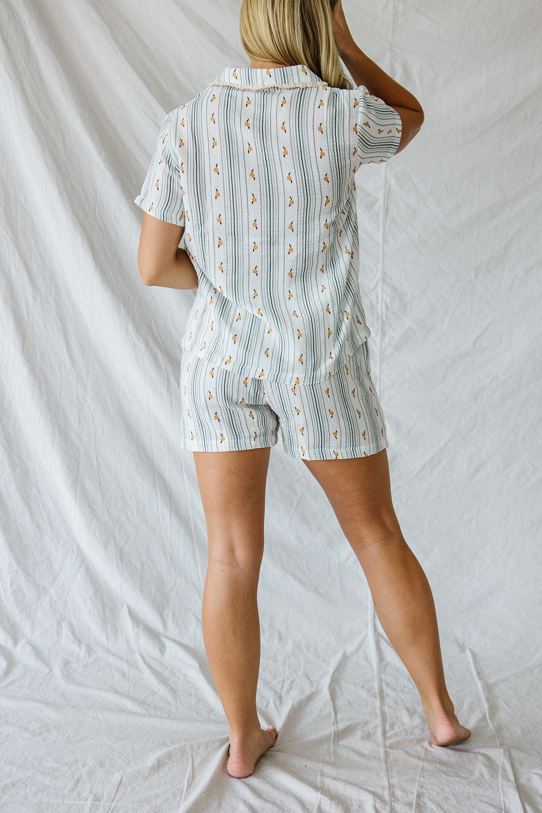 Bamboo Gauze Short Sleeve Shorts Set | Yellow Floral Blue Stripe
