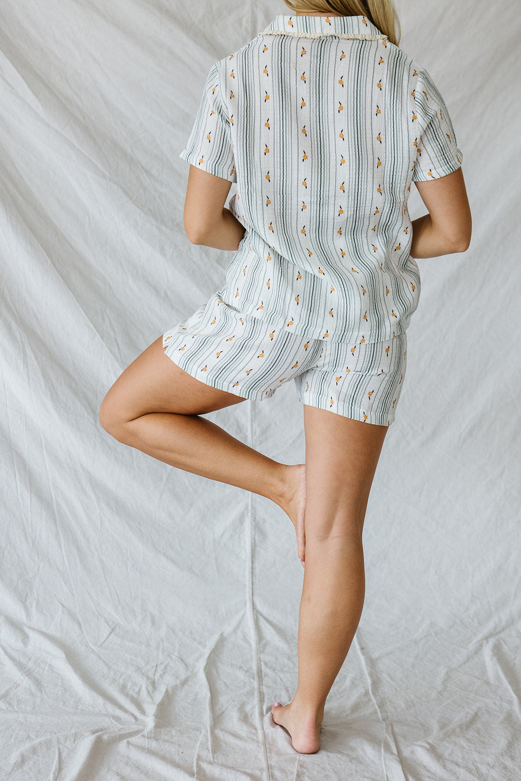 Bamboo Gauze Short Sleeve Shorts Set | Yellow Floral Blue Stripe