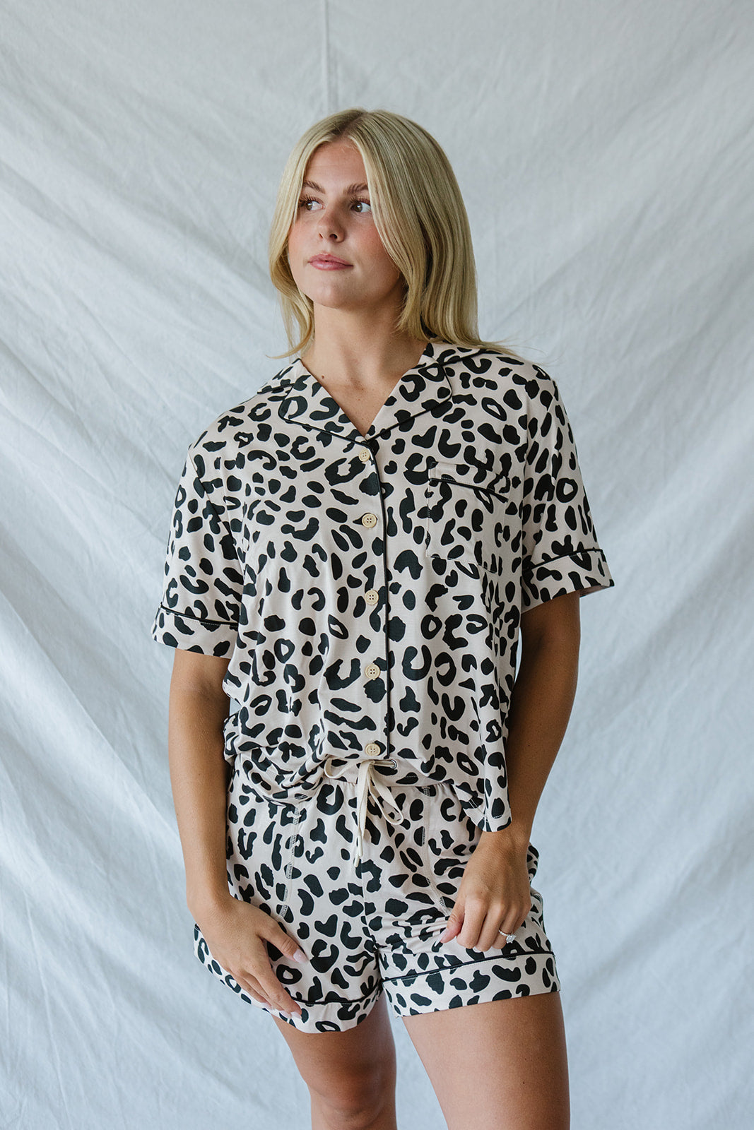 Piped Button-up Shorts Set Modal | Leopard Print