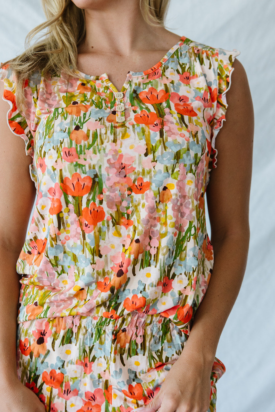 RUFFLE TANK PANT SET MODAL| Pink Watercolor Floral