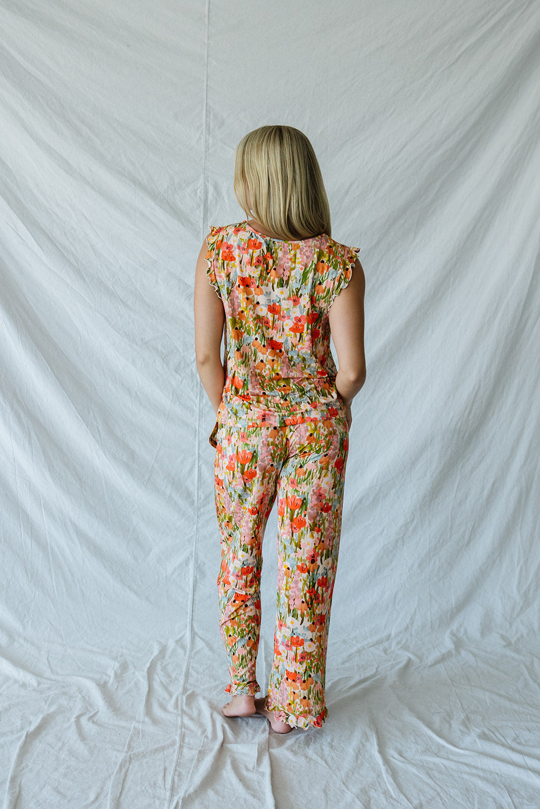 RUFFLE TANK PANT SET MODAL| Pink Watercolor Floral