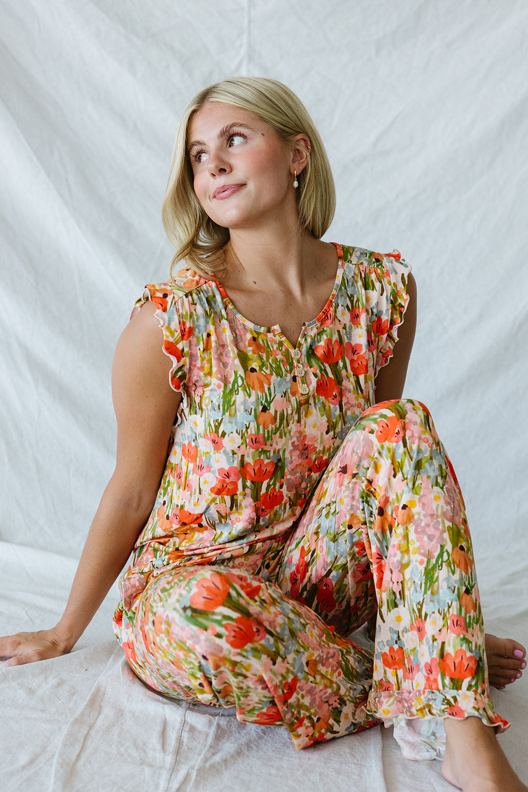 RUFFLE TANK PANT SET MODAL| Pink Watercolor Floral