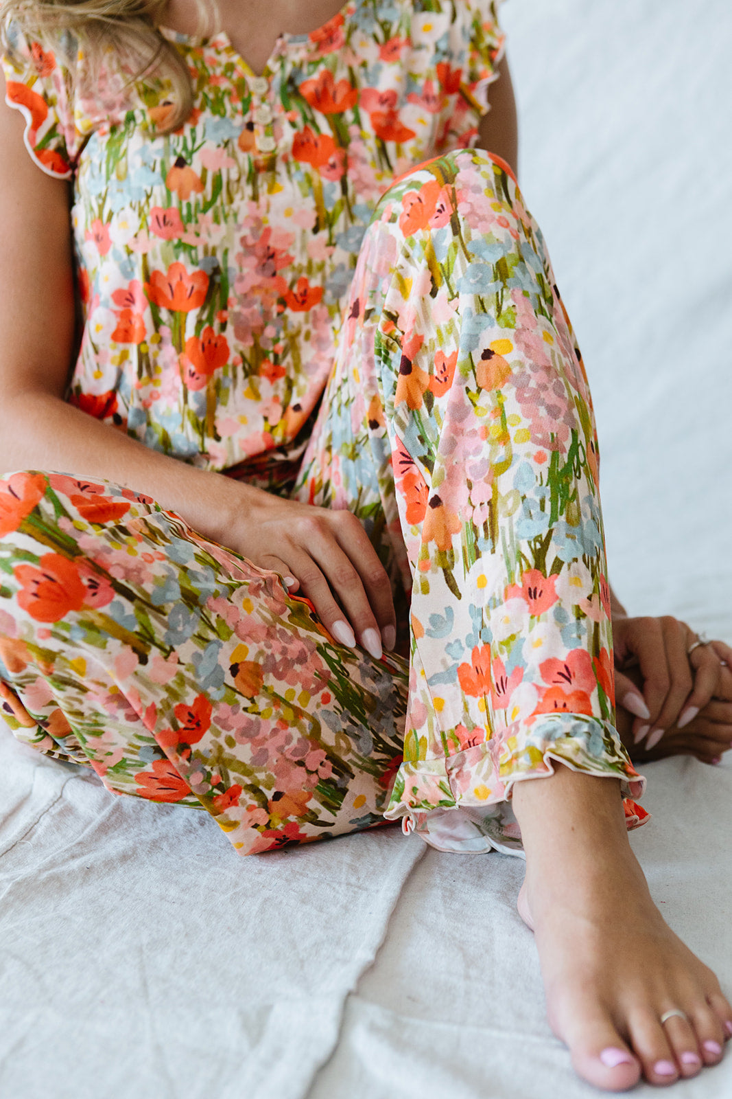 RUFFLE TANK PANT SET MODAL| Pink Watercolor Floral